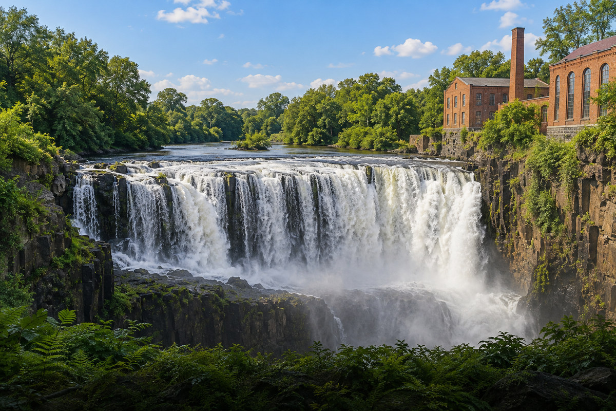 The Great Falls of the Passaic River in Paterson, with brick mill buildings above the gorge
