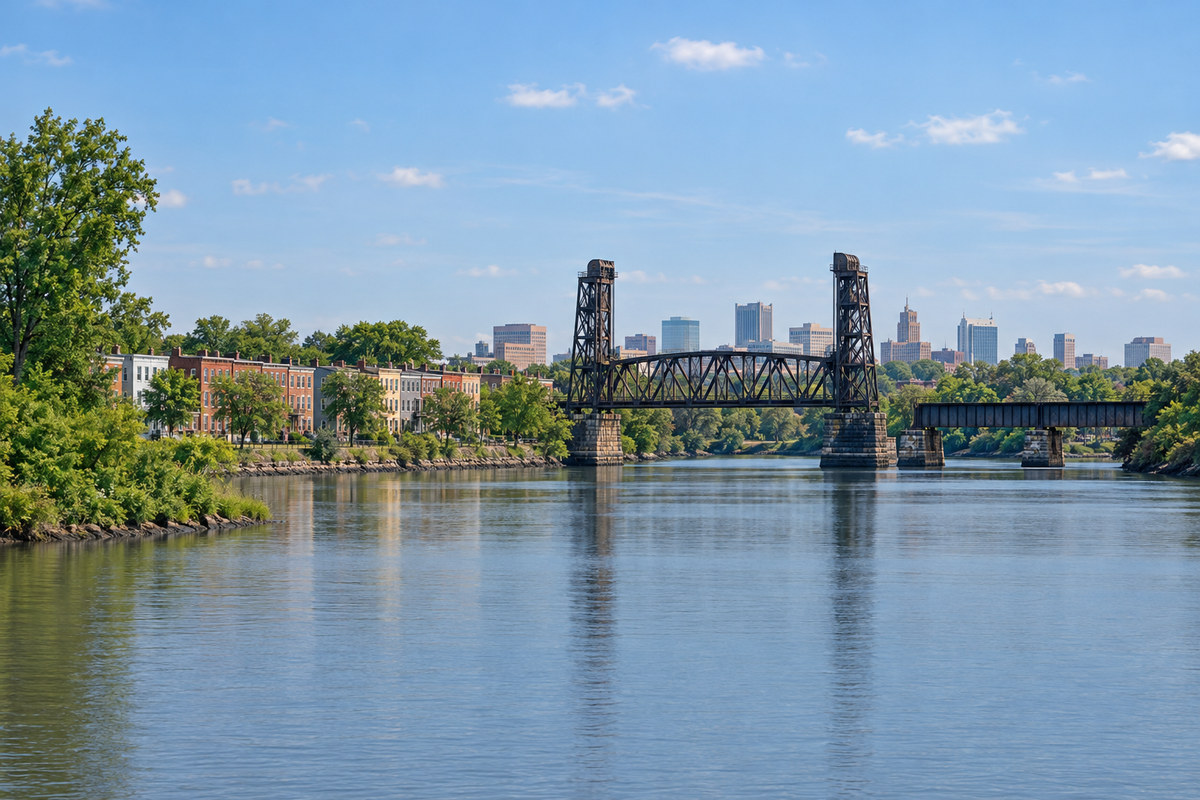 Newark skyline above the Passaic River, with rowhouse blocks and steel rail bridges along the riverbank