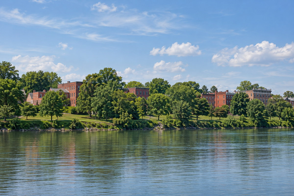 The Raritan River at New Brunswick, with riverside parkland and low brick buildings along the bank